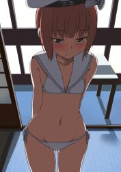 Rule 34 | 10s, 1girl, alternate costume, arms behind back, backlighting, bikini, blush, breasts, brown eyes, brown hair, cleavage, clothes writing, flat chest, from above, groin, hat, highres, indoors, kantai collection, looking at viewer, lowleg, lowleg bikini, masukuza j, midriff, sailor bikini, sailor collar, sailor hat, short hair, side-tie bikini bottom, sliding doors, small breasts, solo, stomach, swimsuit, thighs, white bikini, white hat, wide hips, z3 max schultz (kancolle)