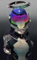 Rule 34 | 1girl, absurdres, amputee, black hair, closed mouth, disembodied head, double amputee, fishbowl helmet, gradient background, gradient hair, grey background, halo, highres, looking at viewer, mechanical halo, multicolored hair, original, pigeon666, purple hair, rainbow gradient, solo, twintails, upper body