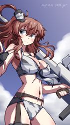 Rule 34 | 547th sy, absurdres, bikini, blush, breasts, brown hair, camouflage, cleavage, commentary request, cowboy shot, dated, front-tie top, garter belt, garter straps, grey eyes, hair between eyes, hair ornament, highres, kantai collection, large breasts, looking to the side, ponytail, saratoga (kancolle), side ponytail, sidelocks, smokestack, solo, swimsuit, twitter username, white bikini