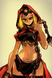 Rule 34 | 1girl, black thighhighs, blonde hair, blue eyes, body writing, cape, chain, crop top, hood, ipgae, midriff, odin sphere, red cape, red hood, showgirl skirt, solo, thighhighs, velvet (odin sphere), weapon