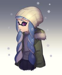 Rule 34 | 1girl, alternate hairstyle, beanie, black skirt, blue hair, blunt bangs, braid, casual, coat, cropped torso, from side, gradient background, green coat, grey background, grey sweater, hat, highres, inkling, inkling girl, inkling player character, long hair, long sleeves, looking at viewer, nintendo, pleated skirt, puchiman, purple eyes, skirt, snow, solo, splatoon (series), splatoon 1, standing, sweater, twin braids, twintails, white hat