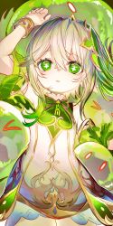 Rule 34 | 1girl, absurdres, arm up, bracelet, child, dress, eyelashes, flower-shaped pupils, genshin impact, gold trim, gradient hair, green eyes, green hair, hair between eyes, hair ornament, highres, ikasoba, jewelry, looking at viewer, multicolored hair, nahida (genshin impact), open mouth, pointy ears, side ponytail, sleeveless, sleeveless dress, slime (genshin impact), solo, symbol-shaped pupils, white dress