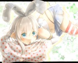 10s 1girl bad_id bad_pixiv_id blue_eyes elbow_gloves female_focus gloves hairband kantai_collection long_hair looking_at_viewer lying navel on_stomach pleated_skirt school_uniform serafuku shimakaze_(kancolle) silver_hair skirt solo striped_clothes striped_thighhighs thighhighs triangle_mouth uruha_(yw1109)