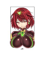 Rule 34 | 1girl, breasts, fenrirvancross, gem, hair ornament, headpiece, jewelry, large breasts, looking at viewer, nintendo, pyra (xenoblade), red hair, simple background, solo, stare, swept bangs, tiara, upper body, white background, xenoblade chronicles (series), xenoblade chronicles 2