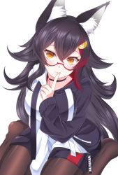 Rule 34 | :3, alternate costume, animal ears, bad id, bad twitter id, black hair, breasts, commentary request, fang, finger to mouth, glasses, hair between eyes, hair ornament, hairclip, hasanishi, hololive, long hair, ookami mio, ookami mio (casual), pantyhose, seiza, sitting, virtual youtuber, white background, wolf ears, yellow eyes