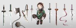 Rule 34 | 1boy, axe, ball and chain (weapon), black hair, black pants, borrowed weapon, chain, checkered haori, closed eyes, earrings, facing viewer, grey background, haori, highres, holding, hugging object, invisible chair, japanese clothes, jewelry, kamado tanjirou, katana, kimetsu no yaiba, kinoco0401, leg wrap, long sleeves, male focus, pants, sandals, scar, scar on face, scar on forehead, simple background, sitting, solo, spiked ball and chain, sword, tabi, translation request, uniform, weapon, weapon focus, whip sword, wide sleeves, zouri
