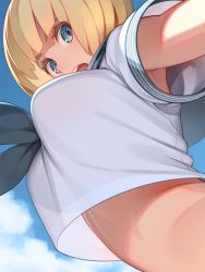 Rule 34 | 1girl, armpit peek, blonde hair, blue eyes, blue sky, blunt bangs, breasts, cloud, cloudy sky, commentary request, day, from below, go robots, highres, large breasts, looking at viewer, midriff, neckerchief, open mouth, original, outdoors, school uniform, serafuku, short hair, short sleeves, sky, solo