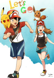 Rule 34 | 1boy, 1girl, :d, absurdres, ash ketchum, baseball cap, black hair, black shirt, brown eyes, brown hair, chase (pokemon), chase (pokemon) (cosplay), commentary, cosplay, creatures (company), dated, eevee, elaine (pokemon), elaine (pokemon) (cosplay), game freak, gen 1 pokemon, green shorts, hat, highres, jacket, knees, leg up, long hair, nintendo, on head, open mouth, pikachu, pokemon, pokemon (anime), pokemon (creature), pokemon lgpe, pokemon on head, pokemon xy (anime), red headwear, running, serena (pokemon), shirt, shoes, short hair, short sleeves, shorts, signature, smile, standing, sungyeah, tongue