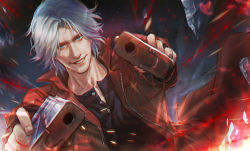 Rule 34 | 1boy, aiming, aiming at viewer, black gloves, blue eyes, broken glass, capcom, coat, dante (devil may cry), devil may cry (series), devil may cry 5, dual wielding, ebony &amp; ivory, ebony (devil may cry), facial hair, fingerless gloves, fingernails, fulushouxijixiangcha, glass, gloves, grey hair, gun, holding, holding gun, holding weapon, ivory (devil may cry), male focus, open clothes, open coat, parted lips, popped collar, red coat, shatter, smile, solo, stubble, teeth, upper body, weapon, zipper