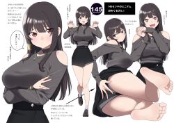 Rule 34 | + +, 1girl, :d, :t, ass, barefoot, black footwear, black hair, black shorts, blush, bracelet, breasts, brown eyes, character sheet, clothing cutout, crossed arms, fang, from behind, full body, jewelry, kuro (toi et moi), large breasts, long hair, long sleeves, looking at viewer, looking to the side, multiple views, open mouth, original, own hands together, paw pose, pendant, pout, shorts, shoulder cutout, simple background, sitting, smile, socks, soles, speech bubble, toes, translation request, white background, white socks, yokozuwari