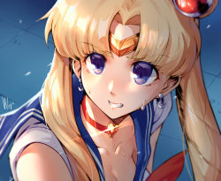 Rule 34 | 1girl, bishoujo senshi sailor moon, blonde hair, blue eyes, blue sailor collar, bow, breasts, choker, circlet, cleavage, collarbone, crescent, crescent earrings, d-cao, derivative work, diadem, double bun, downblouse, earrings, hair bun, hair ornament, heart, heart choker, highres, jewelry, long hair, medium breasts, meme, no bra, parted bangs, red bow, red choker, sailor collar, sailor moon, sailor moon redraw challenge (meme), sailor senshi, sailor senshi uniform, screenshot redraw, solo, sparkle, sweat, tsukino usagi, twintails, upper body