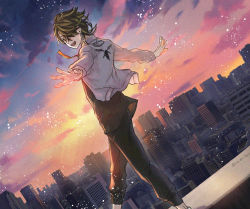 Rule 34 | 1boy, black hair, black pants, black shirt, blonde hair, cityscape, earrings, feet out of frame, hair over one eye, hanemiya kazutora, highres, hitsuji kusa, huge filesize, jacket, jewelry, long sleeves, looking at viewer, male focus, multicolored hair, one eye covered, open hands, open mouth, outdoors, pants, shirt, short hair, single earring, smile, solo, tokyo revengers, twilight, two-tone hair, walking, white jacket, yellow eyes