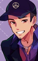 Rule 34 | 1boy, absurdres, baseball cap, black hair, black jacket, blue shirt, brown eyes, collared shirt, emi star, facial hair, grin, hat, highres, iori junpei, jacket, jewelry, looking at viewer, male focus, necklace, open clothes, open jacket, parted lips, persona, persona 3, portrait, shirt, short hair, smile, solo, teeth, upper body, very short hair