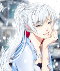Rule 34 | 10juu, 1girl, breasts, cleavage, head rest, long hair, looking at viewer, ponytail, rwby, scar, scar across eye, scar on face, small breasts, smile, solo, watermark, web address, weiss schnee, white hair