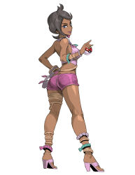 Rule 34 | 1girl, anklet, ass, back, black hair, blue eyes, blue nails, bracelet, brown hair, butt crack, creatures (company), crop top, dark-skinned female, dark skin, earrings, elite four, from behind, full body, game freak, gem, genzoman, hand on own hip, high heels, holding, holding poke ball, island kahuna, jewelry, lipstick, looking at viewer, looking back, makeup, midriff, nail polish, neck ring, necklace, nintendo, olivia (pokemon), pink footwear, poke ball, poke ball (basic), pokemon, pokemon sm, purple shorts, shoes, short hair, short shorts, shorts, simple background, sleeveless, smile, solo, thighlet, toenail polish, toenails, trial captain, white background