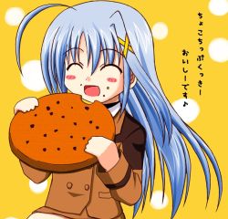 Rule 34 | 00s, 1girl, ^ ^, blue hair, blush, buttons, closed eyes, cookie, double-breasted, eating, food, food on face, hair ornament, long hair, lyrical nanoha, mahou shoujo lyrical nanoha, mahou shoujo lyrical nanoha strikers, military, military uniform, mini person, minigirl, open mouth, oversized object, reinforce zwei, solo, translated, uniform, x hair ornament