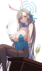 Rule 34 | 1girl, absurdly long hair, absurdres, asuna (blue archive), asuna (bunny) (blue archive), black pantyhose, blue archive, blue bow, blue bowtie, blue leotard, blush, bow, bowtie, breasts, champagne flute, cleavage, crossed legs, cup, detached collar, drinking glass, gloves, highres, large breasts, leotard, light brown hair, long hair, looking at viewer, p-tomi, pantyhose, simple background, smile, solo, straight hair, strapless, strapless leotard, v, very long hair, white background, white gloves