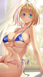 Rule 34 | 1girl, :o, ahoge, arm support, arm under breasts, backlighting, bare arms, bare shoulders, bikini, blonde hair, blue bikini, blue eyes, blue ribbon, blush, breasts, cleavage, collarbone, curtains, day, hair between eyes, highres, indoors, large breasts, leaning back, looking at viewer, navel, original, parted lips, ribbon, short hair, side-tie bikini bottom, sitting, skindentation, solo, sunlight, swimsuit, takamine nadare, thighs, underboob, window