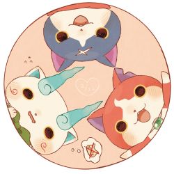 Rule 34 | 10s, bad id, bad pixiv id, blush, cape, cat, circle formation, dated, fangs, from below, furoshiki, fuyunyan, heart, jibanyan, kanacho, komasan, looking at viewer, looking down, no humans, notched ear, open mouth, red cape, round image, scar, thought bubble, traditional youkai, youkai watch, youkai watch 2