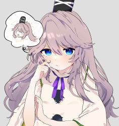 Rule 34 | 1girl, absurdres, alternate hairstyle, black hat, blue eyes, blush, closed mouth, frown, grey hair, hair between eyes, hair down, hand up, hat, highres, japanese clothes, kariginu, long hair, looking at viewer, mononobe no futo, neckerchief, necono (nyu6poko), notice lines, pom pom (clothes), ponytail, purple neckerchief, solo, tate eboshi, touhou, upper body, wide sleeves