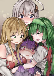 Rule 34 | 4girls, ^ ^, ahoge, antenna hair, bare shoulders, blonde hair, blush, breasts, breath, cleavage, closed eyes, collarbone, fingernails, girl sandwich, gradient background, green eyes, green hair, green hairband, grey hair, hair between eyes, hair intakes, hair ornament, hairband, hand on another&#039;s head, hand up, highres, hug, japanese clothes, kizuna akari, long hair, looking at another, low twintails, medium breasts, microa, multiple girls, necktie, no pupils, nose blush, open mouth, pink eyes, purple eyes, purple hair, red necktie, sandwiched, short necktie, short sleeves, sweat, touhoku zunko, tsurumaki maki, twintails, vocaloid, voiceroid, yuzuki yukari