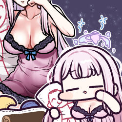 Rule 34 | 1girl, babydoll, blue archive, blue bow, blush stickers, body pillow, bow, bow babydoll, breasts, chibi, cleavage, closed eyes, collarbone, covered navel, doodle sensei (blue archive), halo, jazz jack, lace-trimmed babydoll, lace trim, large breasts, long hair, lowres, messy hair, mika (blue archive), multiple views, pillow, pink babydoll, pink hair, purple background, sensei (blue archive), sleepy, solo focus