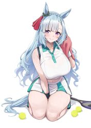 1girl animal_ears azur_lane ball bare_shoulders between_legs black_wristband blue_hair blue_tail blunt_bangs blush braid breasts bremerton_(azur_lane) bremerton_(azur_lane)_(cosplay) bremerton_(scorching-hot_training)_(azur_lane) commentary cosplay crown_braid ear_ornament green_shirt green_skirt hand_between_legs herohero_(higashi_no_dou) highres horse_ears horse_girl horse_tail huge_breasts long_hair looking_at_viewer mejiro_ardan_(umamusume) midriff navel navel_piercing piercing purple_eyes racket seiza shirt shoes sidelocks simple_background sitting skirt sleeveless sleeveless_shirt smile sweat tail tennis_ball tennis_racket thick_thighs thighs towel umamusume white_background white_shirt white_skirt white_wristband wristband