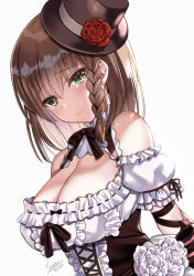Rule 34 | 1girl, bow, bowtie, braid, breasts, brown hair, charlotte corday (fate), charlotte corday (midnight tension) (fate), cleavage, dress, fate/grand order, fate (series), flower, green eyes, hat, hat flower, highres, large breasts, seiru (prairie), signature, solo, tears