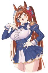 Rule 34 | animal ears, blush, bow, bowtie, breasts, brown eyes, brown hair, daiwa scarlet (umamusume), dress, epaulettes, hair intakes, hair ribbon, hand on own hip, highres, horse ears, horse girl, kona ming, large breasts, long hair, long sleeves, looking at viewer, open mouth, ribbon, simple background, solo, tiara, twintails, umamusume, underbust, white background