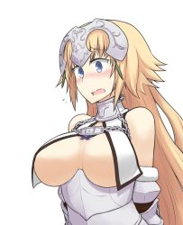 Rule 34 | 1girl, armor, armored dress, arms behind back, blonde hair, blue eyes, blush, breast curtains, breasts, breasts apart, chain, fate/apocrypha, fate/grand order, fate (series), flying sweatdrops, gauntlets, hamu koutarou, headpiece, highres, jeanne d&#039;arc (fate), jeanne d&#039;arc (ruler) (fate), jeanne d&#039;arc (third ascension) (fate), large breasts, long hair, open mouth, revealing clothes, solo, underbust, upper body, white background