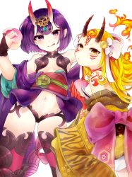 Rule 34 | 2girls, artist request, bare shoulders, blonde hair, bob cut, breasts, bridal gauntlets, closed mouth, collarbone, eyeliner, facial mark, fate/grand order, fate (series), food, forehead, forehead mark, fruit, hair pulled back, hair ribbon, headpiece, highres, horns, ibaraki douji (fate), japanese clothes, kimono, licking lips, long sleeves, looking at viewer, makeup, multiple girls, navel, obi, off shoulder, oni, peach, pointy ears, purple eyes, purple hair, purple kimono, revealing clothes, ribbon, sash, short hair, short kimono, shuten douji (fate), simple background, skin-covered horns, small breasts, smile, tattoo, thighs, tongue, tongue out, white background, white ribbon, wide sleeves, yellow eyes, yellow kimono