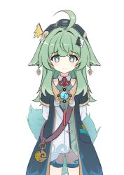Rule 34 | 1girl, ahoge, animal ears, blush, closed mouth, fox ears, green eyes, green hair, hat, honkai: star rail, honkai (series), huohuo (honkai: star rail), long hair, looking at viewer, paw-shaped pupils, shorts, simple background, symbol-shaped pupils, war-bler, white background, yin yang hair ornament