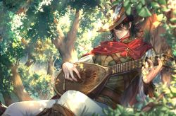 Rule 34 | 1boy, black hair, black nails, blurry, blurry foreground, branch, brown hat, cape, commentary, cross-laced clothes, day, depth of field, earrings, english commentary, feathers, fingernails, forest, green shirt, guitar, hair between eyes, hat, hat feather, highres, holding, holding instrument, instrument, jewelry, kingchenxi, leaf, light particles, long hair, long sleeves, looking at viewer, male focus, multicolored hair, music, nail polish, nature, nijisanji, nijisanji en, outdoors, pants, parted lips, playing instrument, red cape, red hair, shirt, sidelocks, signature, single earring, sitting, smile, solo, tassel, tassel earrings, tree, virtual youtuber, vox akuma, white pants, yellow eyes