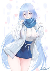 Rule 34 | 1girl, alternate costume, aran sweater, artist name, azur lane, black hair, blue eyes, blue skirt, breasts, cable knit, commentary request, constellation (azur lane), dress, hair between eyes, highres, large breasts, livetarica, long hair, long sleeves, looking at viewer, simple background, skirt, solo, standing, sweater, very long hair, white background, white dress, white sweater