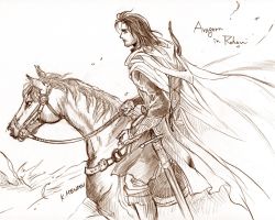 Rule 34 | 1boy, aragorn, beard, brown theme, cape, character name, facial hair, from side, holding, holding reins, horse, horseback riding, kazuki-mendou, tolkien&#039;s legendarium, male focus, medium hair, monochrome, reins, riding, shield, signature, simple background, solo, sword, the lord of the rings, weapon, white background