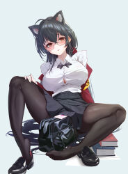 Rule 34 | 1girl, absurdly long hair, absurdres, ahoge, animal ears, armband, azur lane, black bag, black bow, black bowtie, black footwear, black hair, black pantyhose, black skirt, blue background, blush, book, bow, bowtie, breasts, bursting breasts, button gap, cat ears, collared shirt, crossed bangs, envelope, feng min (user ujsm4324), full body, glasses, heart, highres, huge ahoge, jacket, large breasts, letter, long hair, long sleeves, love letter, miniskirt, official alternate costume, pantyhose, pleated skirt, red eyes, red jacket, round eyewear, shirt, shirt tucked in, shoes, simple background, skirt, solo, taihou (azur lane), taihou (sweet time after school) (azur lane), taut clothes, taut shirt, thighband pantyhose, very long hair, white shirt, yellow armband