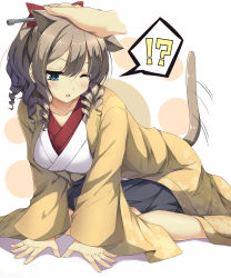 Rule 34 | !?, 10s, 1girl, 3;, absurdres, all fours, animal ears, blue eyes, blush, bow, breasts, brown hair, cat ears, cat tail, drill hair, full body, hair between eyes, hair bow, hatakaze (kancolle), high ponytail, highres, japanese clothes, kantai collection, kemonomimi mode, kimono, large breasts, motion lines, one eye closed, headpat, red bow, sheita, short ponytail, solo focus, spoken interrobang, tail