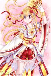 Rule 34 | 1girl, :d, absurdres, back bow, blonde hair, boots, bow, clai.y, detached sleeves, earrings, embellished costume, floral print, flower, gloves, hair bow, hair flower, hair intakes, hair ornament, hair ribbon, hand fan, highres, holding, holding fan, jewelry, kaitou jeanne, kamikaze kaitou jeanne, knee boots, kusakabe maron, long hair, looking at viewer, magical girl, official style, open mouth, pink background, pink flower, pink rose, ponytail, print skirt, purple eyes, red bow, red flower, red ribbon, red rose, red skirt, ribbon, rose, signature, skirt, smile, solo, twitter username, white footwear, white gloves, white sleeves, yellow bow
