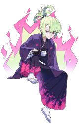 Rule 34 | 1boy, alternate costume, alternate hairstyle, androgynous, black gloves, blonde hair, crossdressing, daru 0218, fire, folded fan, folding fan, gloves, green fire, green hair, half gloves, hand fan, highres, holding, holding fan, japanese clothes, kimono, lio fotia, long sleeves, looking at viewer, male focus, pink fire, pom pom (clothes), promare, purple eyes, purple fire, purple kimono, short hair, trap