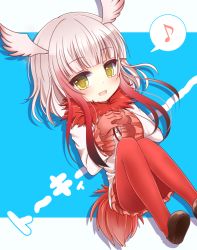 Rule 34 | 10s, 1girl, :d, bird tail, blue background, blunt bangs, blush, brown footwear, commentary request, dutch angle, fur collar, gloves, gradient hair, head wings, jacket, japanese crested ibis (kemono friends), kemono friends, light brown hair, long sleeves, looking at viewer, multicolored hair, musical note, open mouth, own hands together, pantyhose, pleated skirt, quaver, red gloves, red hair, red pantyhose, red skirt, shoes, skirt, smile, solo, spoken musical note, tail, two-tone background, white background, white jacket, white wings, wide sleeves, wings, yellow eyes, yukiyuki 441