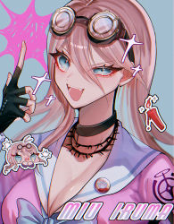 Rule 34 | 1girl, :d, barbed wire, black choker, black gloves, breasts, candle, character name, choker, cleavage, collarbone, danganronpa (series), danganronpa v3: killing harmony, fangs, fingerless gloves, gloves, green eyes, grey background, highres, index finger raised, iruma miu, junajuna go, large breasts, long hair, long neck, looking at viewer, open mouth, pink shirt, sailor collar, shiny skin, shirt, smile, solo, sparkle, sticker, teeth, upper teeth only, white sailor collar