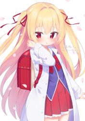 Rule 34 | 1girl, :o, backpack, bag, blonde hair, blue shirt, blush, bow, commentary request, commission, copyright request, hair between eyes, hair intakes, hair ribbon, hand up, highres, irotoridori no sekai, kokone (coconeeeco), lab coat, long hair, long sleeves, looking at viewer, nikaidou shinku, open clothes, parted lips, petals, pleated skirt, randoseru, red bow, red eyes, red ribbon, red skirt, ribbon, shirt, simple background, skeb commission, skirt, solo, translation request, two side up, very long hair, white background