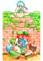 Rule 34 | 6+girls, acrylic paint (medium), aged up, animal ears, beret, blonde hair, blue hair, book, brick wall, cat ears, cat tail, chen, child, cirno, closed eyes, colored pencil (medium), crossed arms, daiyousei, green hair, hat, head rest, highres, hong meiling, izayoi sakuya, knife, long hair, maid headdress, multiple girls, open book, painting (medium), reading, red hair, rumia, short hair, sitting, sitting on lap, sitting on person, tail, team 9 (touhou), terrajin, touhou, traditional media, weapon, wings