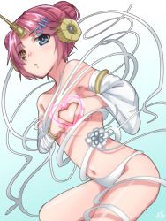 Rule 34 | 1girl, bad id, bad pixiv id, bandaged arm, bandages, bikini, bikini bottom only, blue eyes, bracelet, breasts, commentary request, double bun, eyes visible through hair, fate/grand order, fate (series), flower, frankenstein&#039;s monster (fate), frankenstein&#039;s monster (swimsuit saber) (fate), frankenstein&#039;s monster (swimsuit saber) (third ascension) (fate), gradient background, hair bun, hair ornament, hair over one eye, headgear, heart, heart-shaped boob challenge, heterochromia, highres, jewelry, looking at viewer, navel, open mouth, pink hair, ramchi, short hair, small breasts, solo, swimsuit, topless, white bikini, yellow eyes