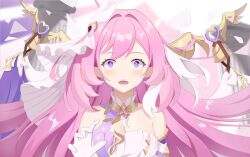 Rule 34 | 1girl, absurdres, bare shoulders, blue eyes, blurry, blurry background, breasts, cleavage, collarbone, commentary, crystal shard, diamond (shape), diamond in eye, dress, elf, elysia (herrscher of human: ego) (honkai impact), elysia (honkai impact), glitter, gloves, hair intakes, hair ornament, hair ribbon, hand up, heart, highres, honkai (series), honkai impact 3rd, lao wo, large breasts, long hair, looking at viewer, open mouth, pink eyes, pink hair, pink lips, pointy ears, ribbon, solo, surprised, tearing up, tears, triquetra, two-tone eyes, upper body, white dress, white gloves, white ribbon