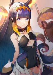 Rule 34 | 1girl, absurdres, black gloves, blush, breasts, commentary, crowbar, dress, fur collar, gloves, halo, highres, hime cut, holding, holding crowbar, hololive, hololive english, huge filesize, janyhero, long hair, low wings, mole, mole under eye, ninomae ina&#039;nis, ninomae ina&#039;nis (1st costume), pointy ears, purple eyes, purple hair, small breasts, smile, solo, tentacle hair, tentacles, thighhighs, very long hair, virtual youtuber, white thighhighs, wings