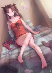 Rule 34 | 1girl, babydoll, bare legs, barefoot, bed, black ribbon, blouse, blue eyes, blush, bra, unworn bra, brown hair, camisole, commentary request, dutch angle, fate/stay night, fate (series), feet, full body, hair ribbon, head tilt, highres, indoors, jay xu, legs, long hair, long legs, looking at viewer, nightgown, on bed, open mouth, paper, plaid, red babydoll, red shirt, revision, ribbon, shirt, unworn shirt, signature, sitting, skirt, unworn skirt, sleepwear, solo, strap slip, unworn thighhighs, tohsaka rin, triangle mouth, two side up, underwear, window