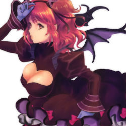 Rule 34 | 1girl, bad id, bad pixiv id, bat wings, black dress, breasts, brown eyes, cheria barnes, cleavage, cleavage cutout, clothing cutout, dress, gloves, gothic lolita, heart, heart cutout, ja n gari koon, jako (toyprn), large breasts, lips, lolita fashion, namco, official alternate costume, pink hair, red eyes, simple background, solo, tales of (series), tales of graces, wings