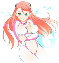 Rule 34 | 1girl, aida rayhunton, blush, bodysuit, closed mouth, commentary request, covered erect nipples, covered navel, covering privates, covering breasts, cowboy shot, green eyes, gundam, gundam g no reconguista, headgear, legs together, long hair, looking at viewer, red hair, see-through, solo, tears, yamada ichizoku