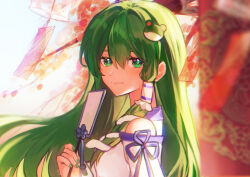 Rule 34 | 1girl, absurdres, bush, closed mouth, commentary, detached sleeves, expressionless, fingernails, frilled hair tubes, frills, frog, from side, gohei, green hair, green nails, hair between eyes, hair ornament, hair tubes, highres, holding, holding gohei, kochiya sanae, lips, long hair, looking at viewer, looking to the side, nail polish, purple ribbon, ribbon, rivergod, snake hair ornament, solo, touhou, upper body, vest, white sleeves, white vest, wind chime